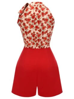 Deep Red 1950s Rose Lace Up Patchwork Romper -Retro Pulse Shop SCH000823 3