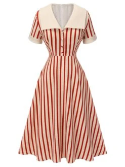Red 1940s Lapel Vertical Stripes Dress -Retro Pulse Shop SCH000860 1