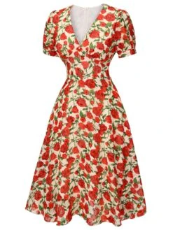 Red 1940s Rose V-Neck Swing Dress -Retro Pulse Shop SCH000861 2