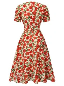 Red 1940s Rose V-Neck Swing Dress -Retro Pulse Shop SCH000861 3