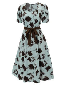 1940s Blue Floral Dress With Bow Belt -Retro Pulse Shop SCH000869 3