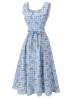 Blue 1940s Rose Plaid Lace Up Dress -Retro Pulse Shop SCH000913 2