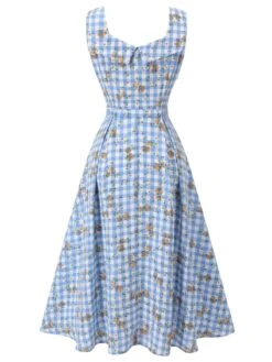Blue 1940s Rose Plaid Lace Up Dress -Retro Pulse Shop SCH000913 3