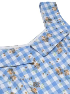 Blue 1940s Rose Plaid Lace Up Dress -Retro Pulse Shop SCH000913 4