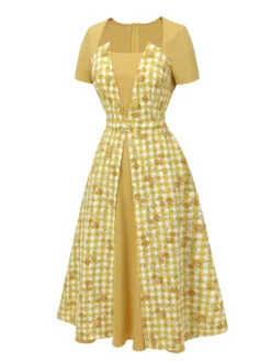 Yellow 1950s Plaid Rose Panel Raglan Dress -Retro Pulse Shop SCH000985 2