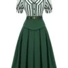 [Pre-Sale] 2PCS Green 1950s Striped Blouse & Pleated Skirt -Retro Pulse Shop SCH001027 1 1