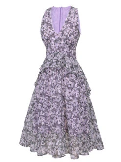 Purple 1930s Butterfly V-Neck Sleeveless Dress -Retro Pulse Shop SCH001058 2