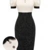 Black & Beige 1960s Puff Sleeve Pencil Dress -Retro Pulse Shop SCH001068 01