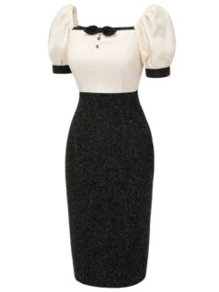 Black & Beige 1960s Puff Sleeve Pencil Dress -Retro Pulse Shop SCH001068 2