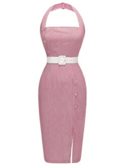 Pink 1960s Halter Stripes Belted Bodycon Dress -Retro Pulse Shop SCH001111 1 compressed