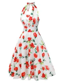 White 1950s Watercolor Rose Halter Dress -Retro Pulse Shop SCHL000010 2