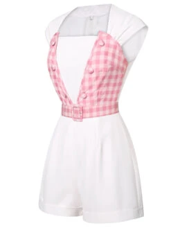White & Pink 1950s Plaid Romper With Belt -Retro Pulse Shop SCHL000021 2