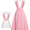 2PCS 1950s Pink Plaid Skirt & Romper With Belt