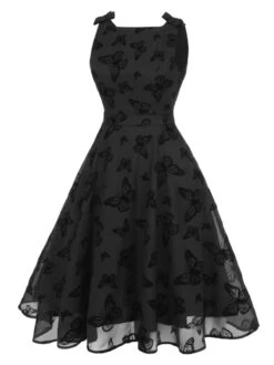 Black 1950s Butterfly Flocking Mesh Dress -Retro Pulse Shop SCHL000023 2