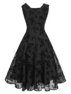 Black 1950s Butterfly Flocking Mesh Dress -Retro Pulse Shop SCHL000023 3