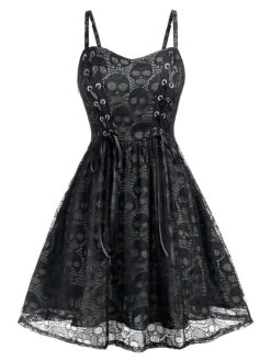 Black 1980s Skull Pattern Gothic Style Dress -Retro Pulse Shop SCHL000026 GR 1 3