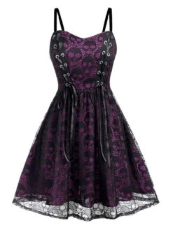 Black 1980s Skull Pattern Gothic Style Dress -Retro Pulse Shop SCHL000026 VI 1 3