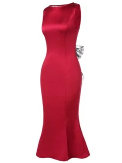 Deep Red 1930s Solid Bow Decor Fishtail Dress -Retro Pulse Shop SCHL000034 2