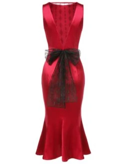 Deep Red 1930s Solid Bow Decor Fishtail Dress -Retro Pulse Shop SCHL000034 3