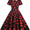 1950s Cherry Sweetheart Short Sleeve Lace Up Dress -Retro Pulse Shop SCHL000113 B 1