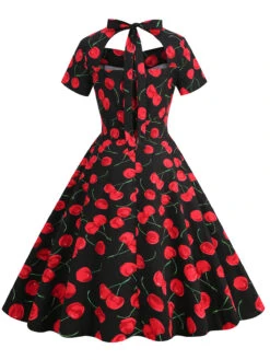 1950s Cherry Sweetheart Short Sleeve Lace Up Dress -Retro Pulse Shop SCHL000113 B 3