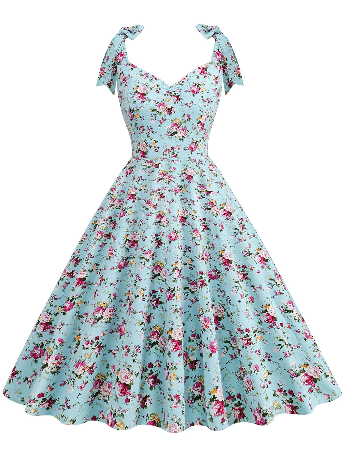 1950s Floral Lace-Up Shoulder V-Neck Swing Dress 3 1950s Floral Lace-Up Shoulder V-Neck Swing Dress