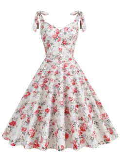 1950s Floral Lace-Up Shoulder V-Neck Swing Dress 37 1950s Floral Lace-Up Shoulder V-Neck Swing Dress -Retro Pulse Shop SCHL000114 W 1