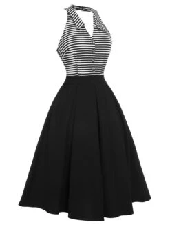 Black 1950s Stripe Lapel Halter Patchwork Dress -Retro Pulse Shop SCHL000146 2