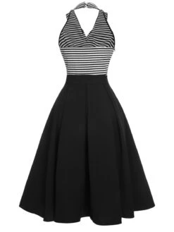 Black 1950s Stripe Lapel Halter Patchwork Dress -Retro Pulse Shop SCHL000146 3