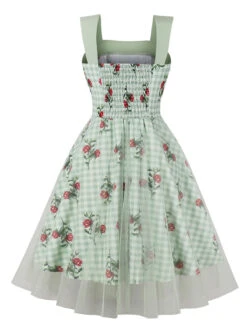 Green 1950s Plaid Floral Mesh Patchwork Dress -Retro Pulse Shop SCHL000155 2