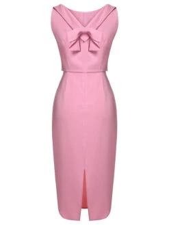 2PCS Pink 1960s Lapel Bowknot Blouse & Solid Spaghetti Strap Dress -Retro Pulse Shop SCHL000172 2