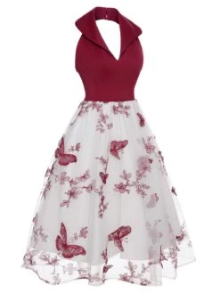 Wine Red 1950s Butterfly Lapel Mesh Dress -Retro Pulse Shop SCHL000309 2 compressed