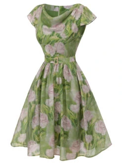 Green 1960s Oil-Painting Rose Dress -Retro Pulse Shop SCHL000562 2