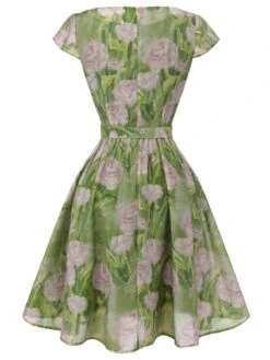 Green 1960s Oil-Painting Rose Dress -Retro Pulse Shop SCHL000562 3