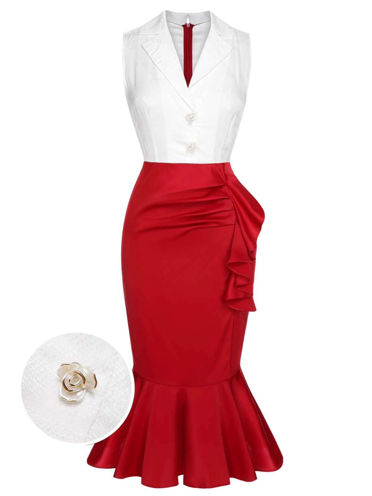 Red & White 1930s Sleeveless Slit Fishtail Dress 3 Red & White 1930s Sleeveless Slit Fishtail Dress
