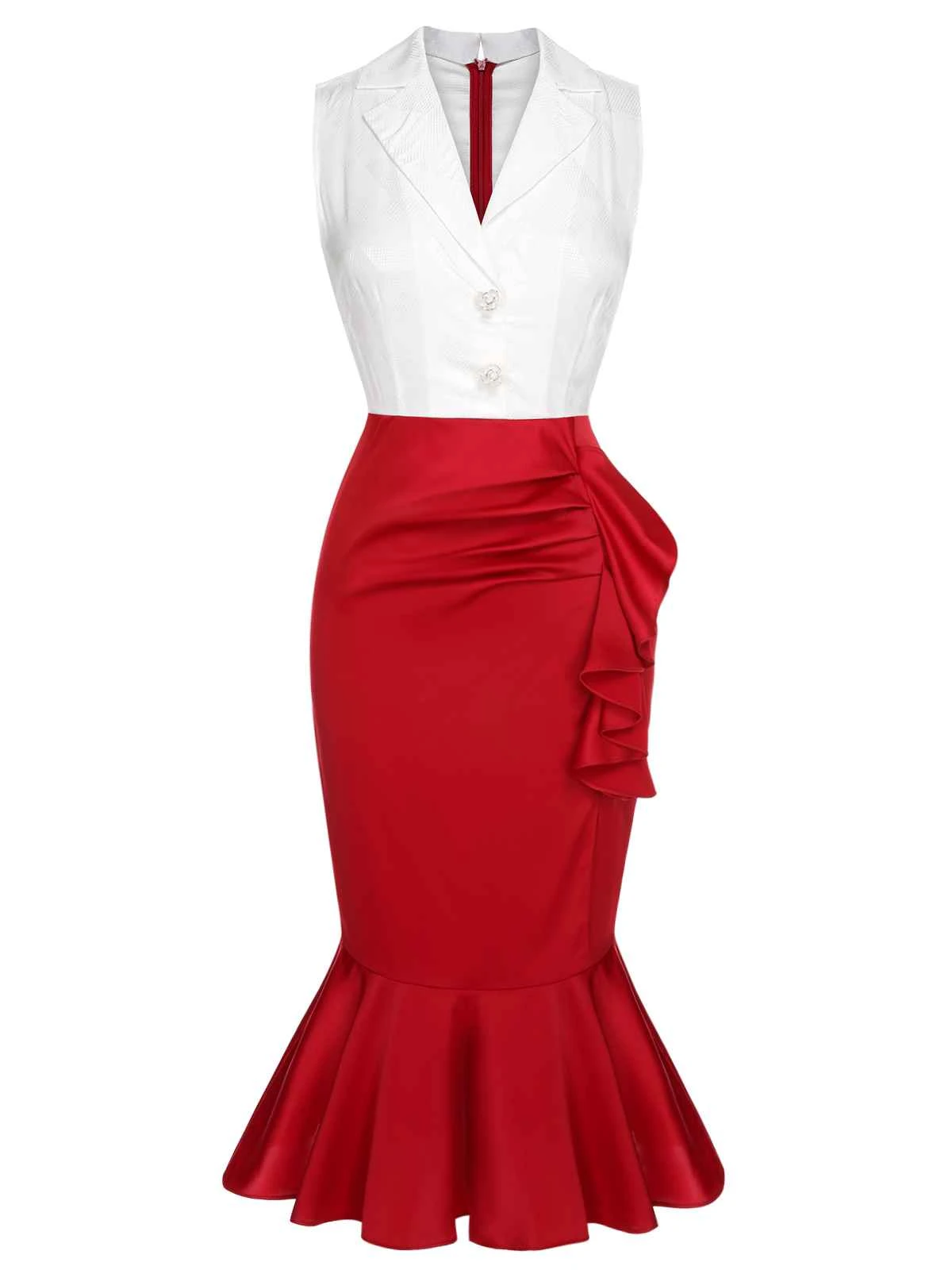 Red & White 1930s Sleeveless Slit Fishtail Dress 4 Red & White 1930s Sleeveless Slit Fishtail Dress - Image 2