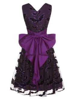 Deep Purple 1950s Halloween Bat Bow Dress -Retro Pulse Shop SCHL000582 3