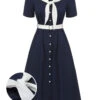Dark Blue & White 1940s Sailor Collar Dress -Retro Pulse Shop SCHL000613 01