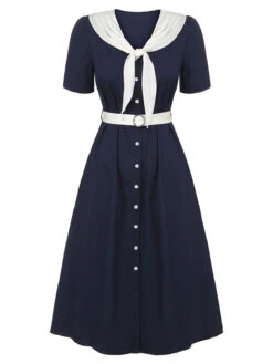Dark Blue & White 1940s Sailor Collar Dress -Retro Pulse Shop SCHL000613 1