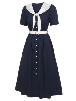 Dark Blue & White 1940s Sailor Collar Dress -Retro Pulse Shop SCHL000613 2