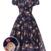 Navy Blue Floral Bubble Sleeves Dress 2 Navy Blue Floral Bubble Sleeves Dress -Retro Pulse Shop SCHL000667 01