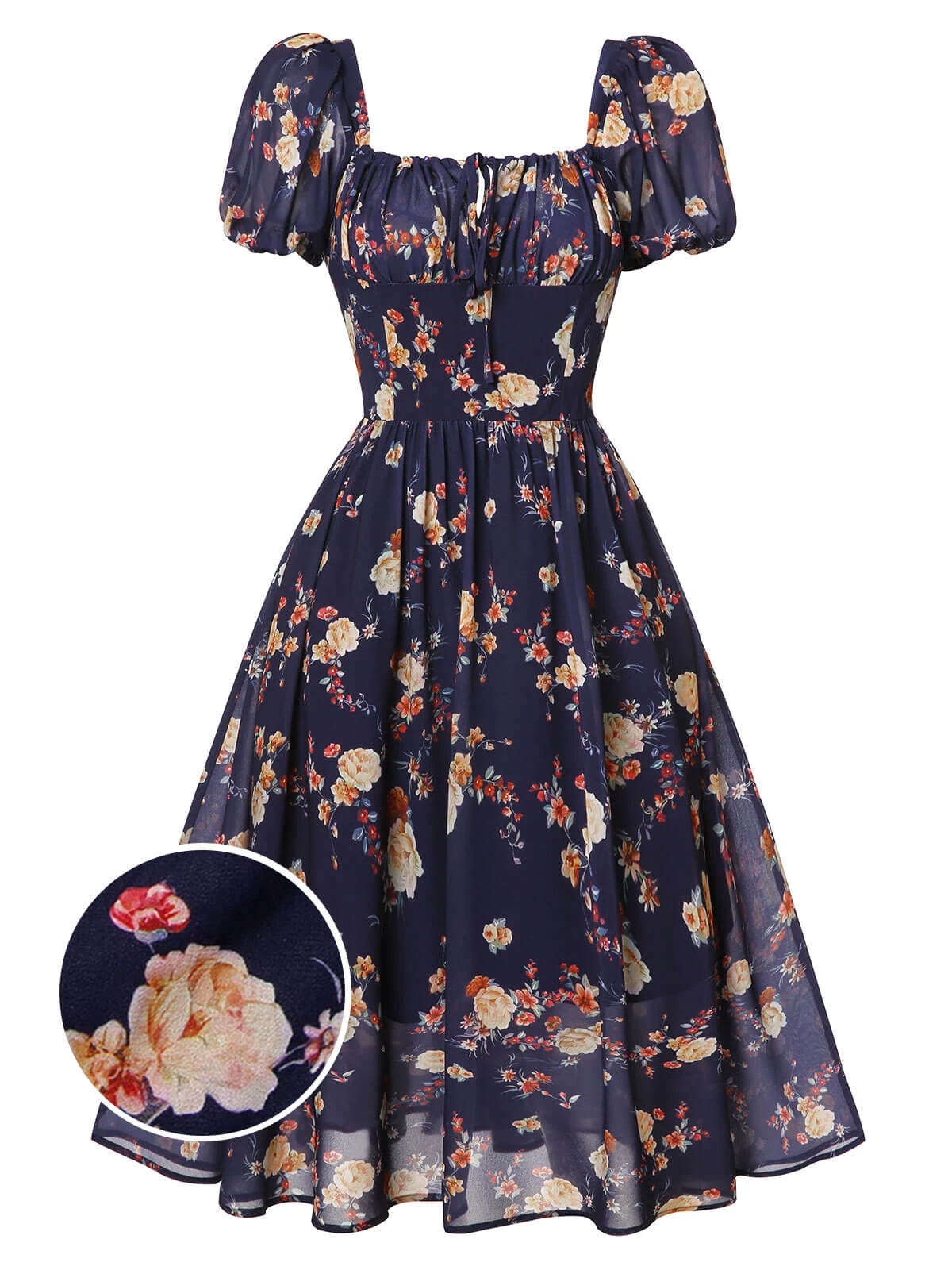 Navy Blue Floral Bubble Sleeves Dress 3 Navy Blue Floral Bubble Sleeves Dress