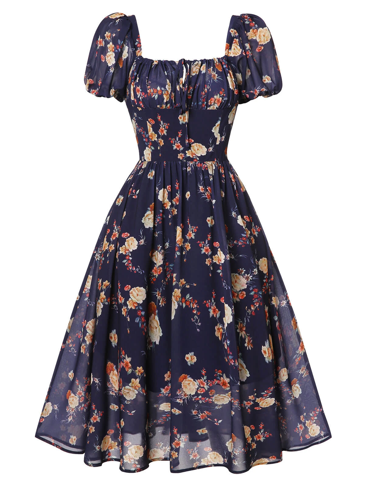 Navy Blue Floral Bubble Sleeves Dress 4 Navy Blue Floral Bubble Sleeves Dress - Image 2