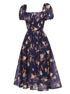 Navy Blue Floral Bubble Sleeves Dress 11 Navy Blue Floral Bubble Sleeves Dress -Retro Pulse Shop SCHL000667 2