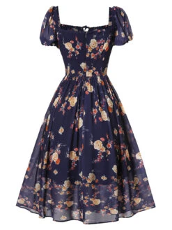 Navy Blue Floral Bubble Sleeves Dress 12 Navy Blue Floral Bubble Sleeves Dress -Retro Pulse Shop SCHL000667 3
