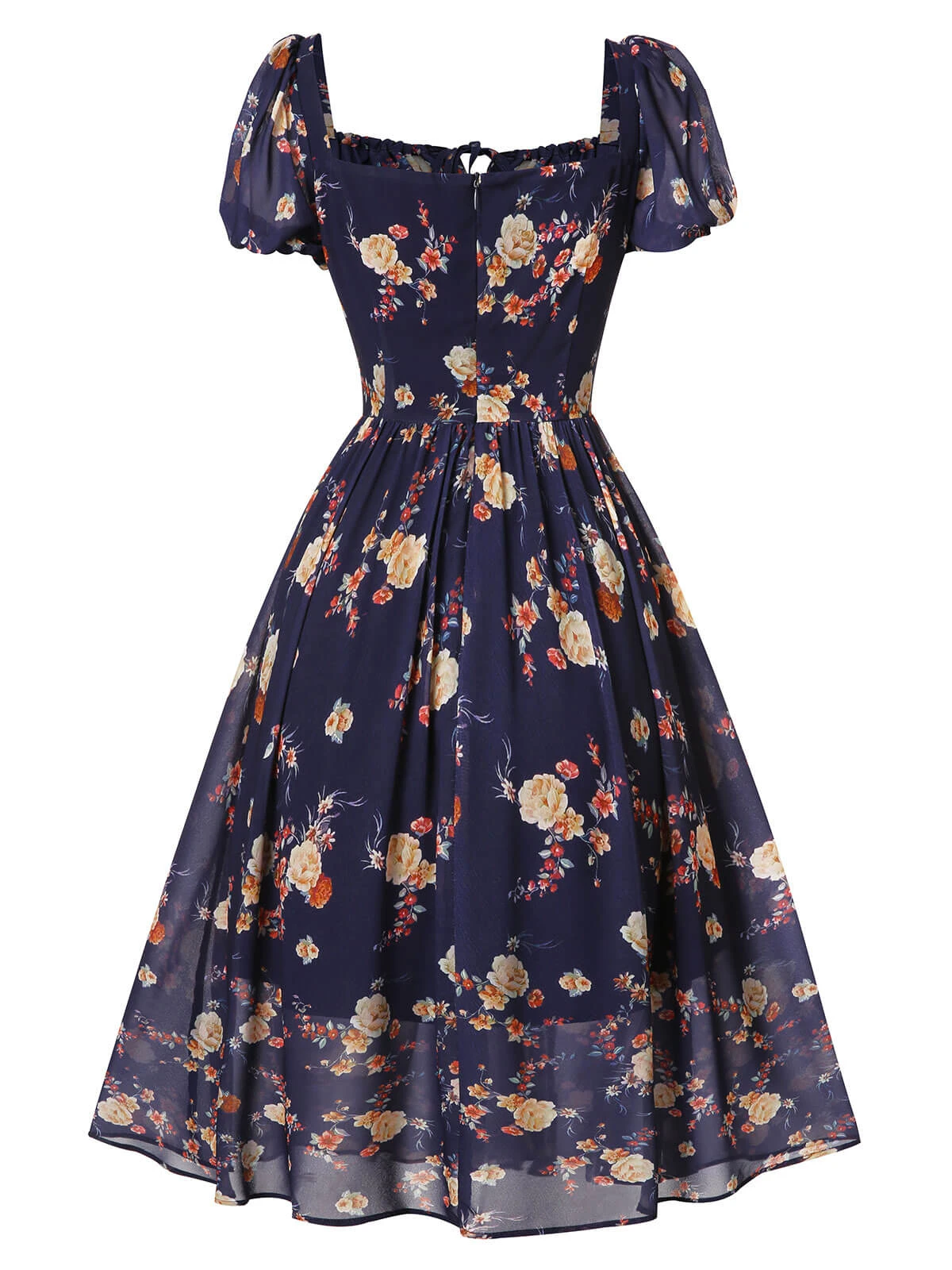 Navy Blue Floral Bubble Sleeves Dress 6 Navy Blue Floral Bubble Sleeves Dress - Image 4
