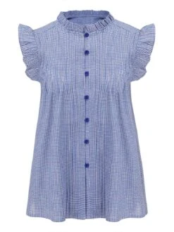 Blue 1950s Ruffles Plaid Blouse