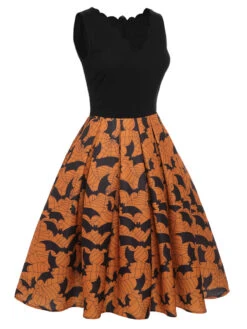 Black & Orange 1950s Halloween Bat Sleeveless Dress 11 Black & Orange 1950s Halloween Bat Sleeveless Dress -Retro Pulse Shop SCHL000789 2