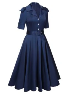 Blue 1940s Solid Short Sleeves Lapel Dress -Retro Pulse Shop SCHL000804 2 compressed