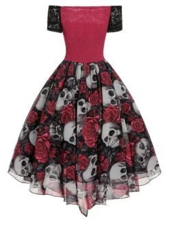 1950s Halloween Skull Rose Lace Mesh Dress -Retro Pulse Shop SCHL000827 3 compressed